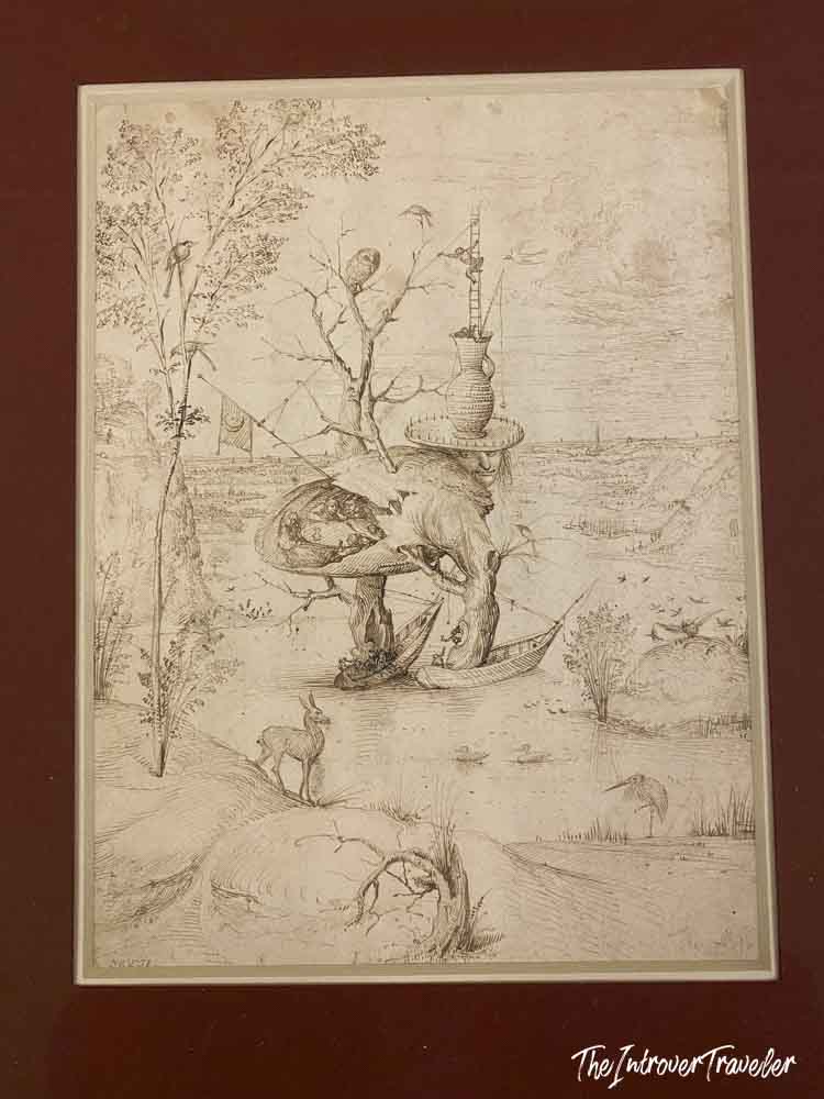 Hieronymus Bosch drawing at the Albertina Museum Vienna, showing fantastical creatures and landscape