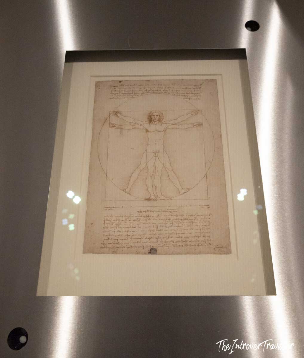 Vitruvian Man by Leonardo da Vinci, framed under glass at the Accademia Gallery in Venice