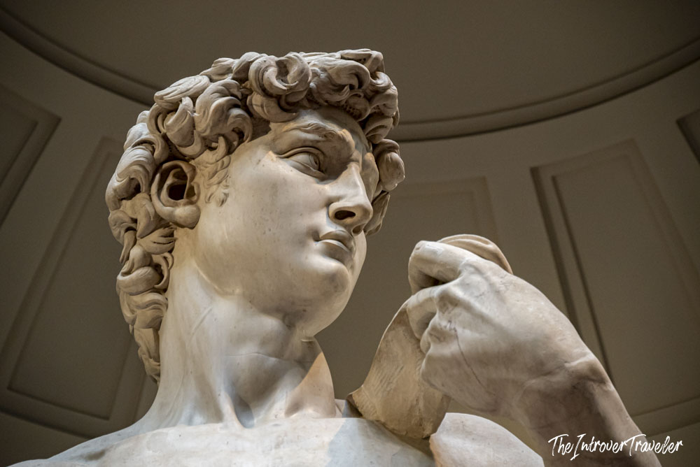 Close-up of Michelangelo's David face and hand, viewed from below at Galleria dell'Accademia, Florence