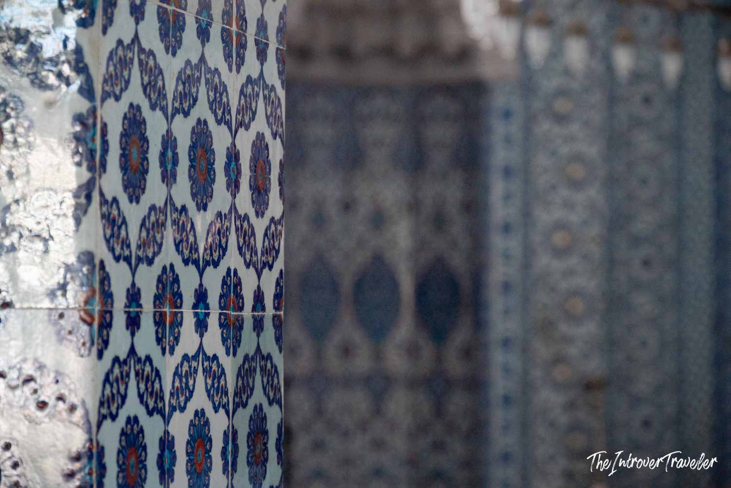 Intricate blue and white Iznik tile panels inside one of the mosques of Istanbul