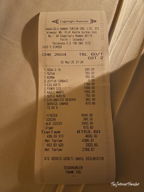 Restaurant receipt from Cagaloglu Hamami in Istanbul showing a meal total of 8153.60 Turkish lira