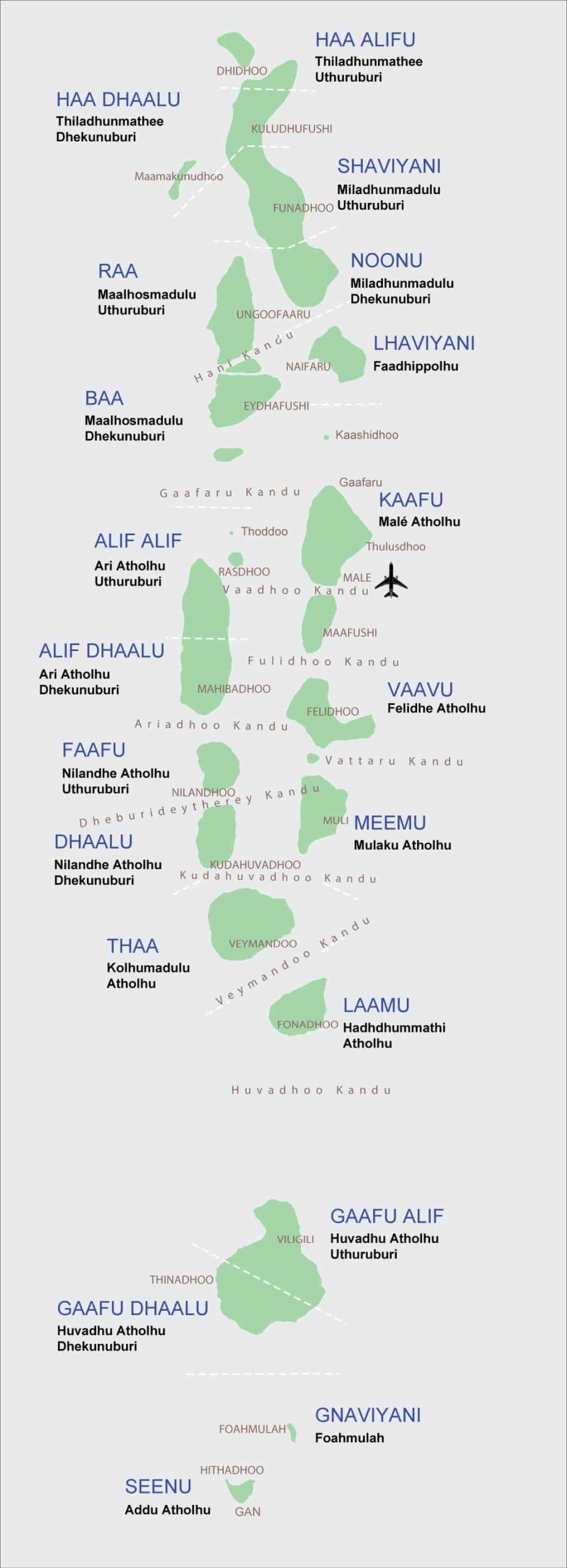 Labeled map of Maldives atolls, from Haa Alifu to Seenu, with Male airport marked