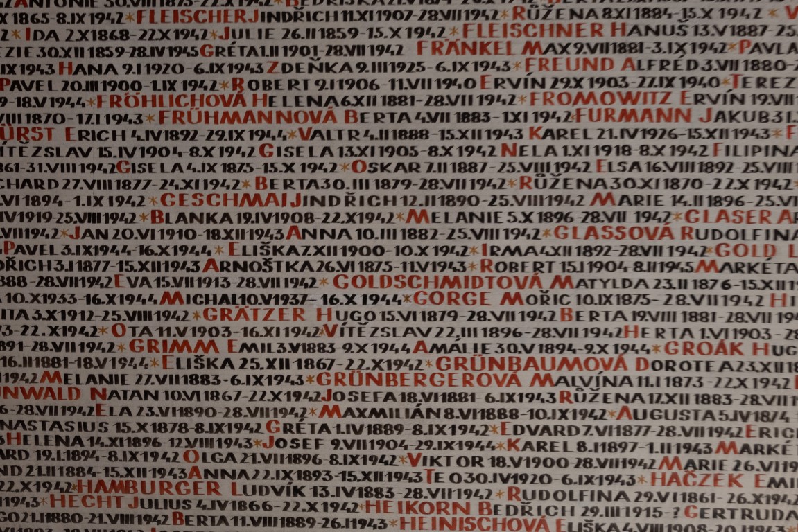 Names and dates of Holocaust victims inscribed on the Pinkas Synagogue memorial wall, Prague