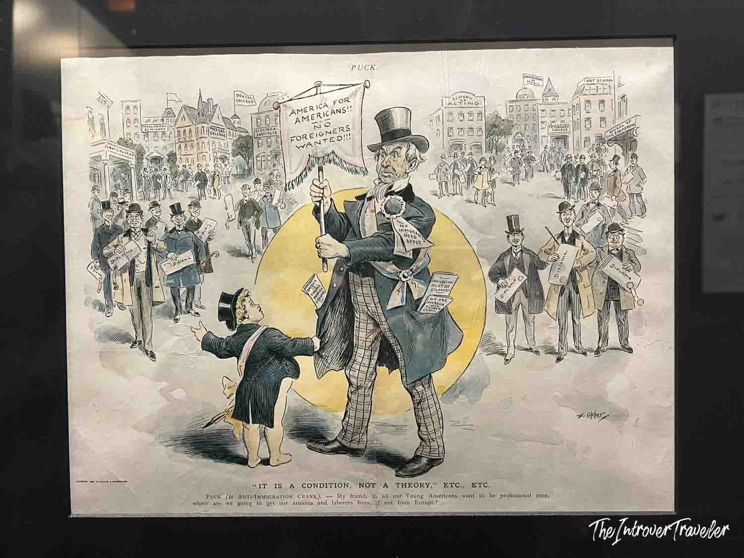 Puck magazine cartoon by Frederick Opper mocking anti-immigration sentiment, on display at Ellis Island Immigration Museum