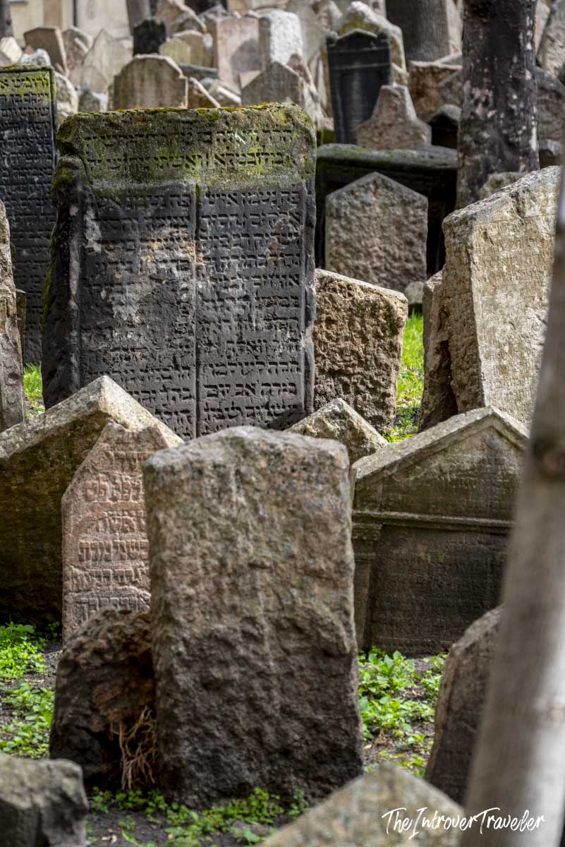 Densely packed ancient Hebrew gravestones at the Old Jewish Cemetery in Prague, Josefov quarter