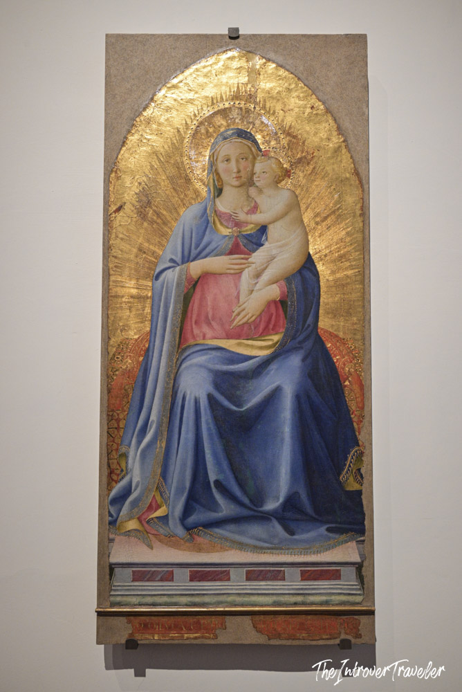 Fra Angelico Madonna and Child panel painting with gold leaf halo, Uffizi Gallery Florence