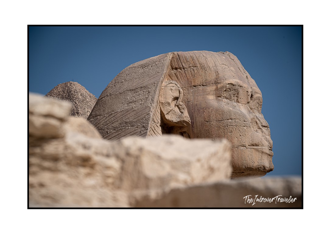 Close-up side profile of the Great Sphinx of Giza, with a pyramid visible behind it against a clear blue sky