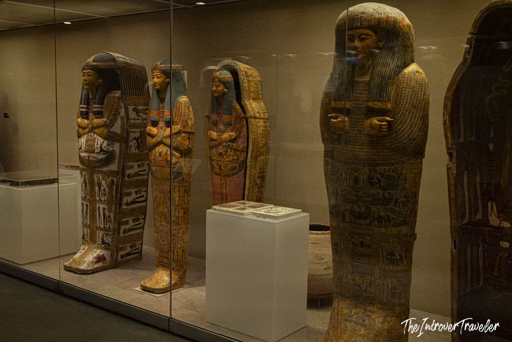 Painted ancient Egyptian sarcophagi on display in the Met's Egyptian art collection, New York