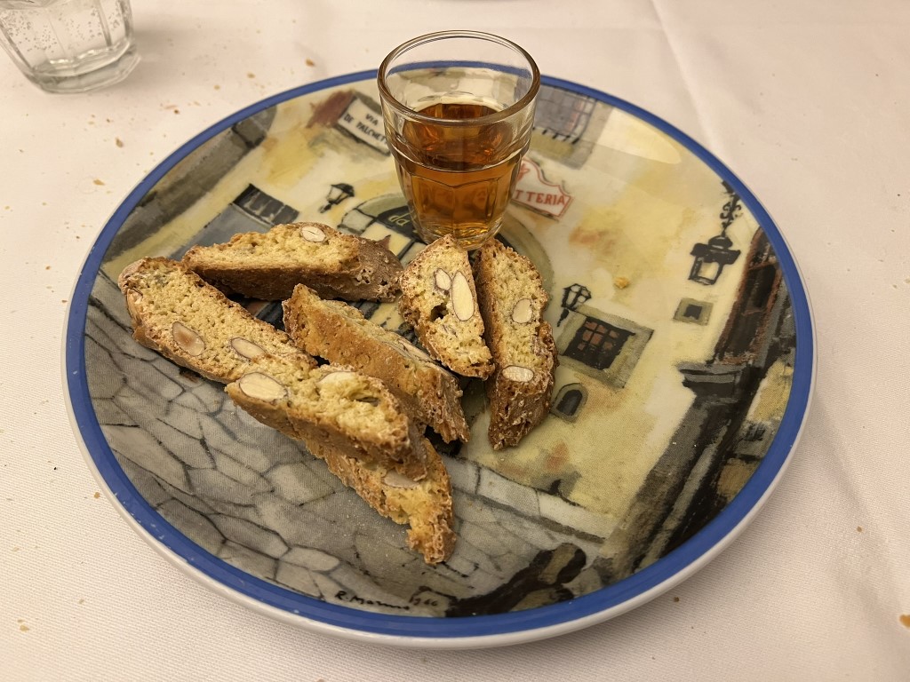 Cantucci biscotti with Vin Santo dessert wine served at Trattoria Il Latini, Florence