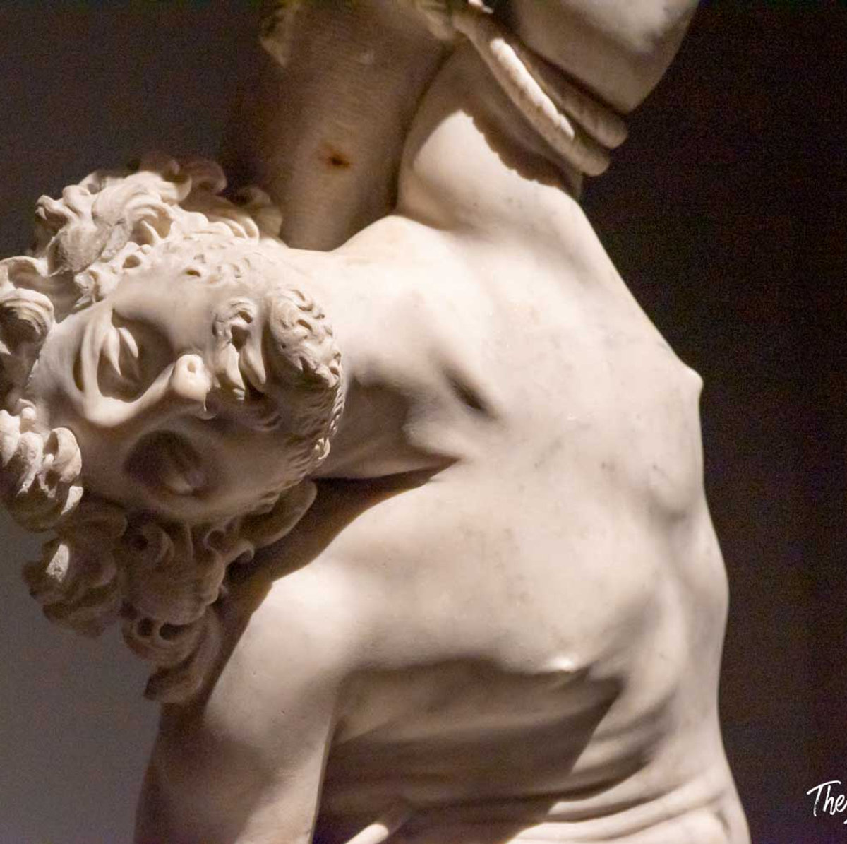 Close-up of a Bernini marble sculpture at the Palazzo Barberini exhibition, showing expressive curly-haired figure