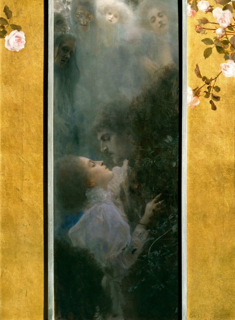 Gustav Klimt early painting with ethereal figures, ghostly faces, and a swooning woman in gold-framed composition
