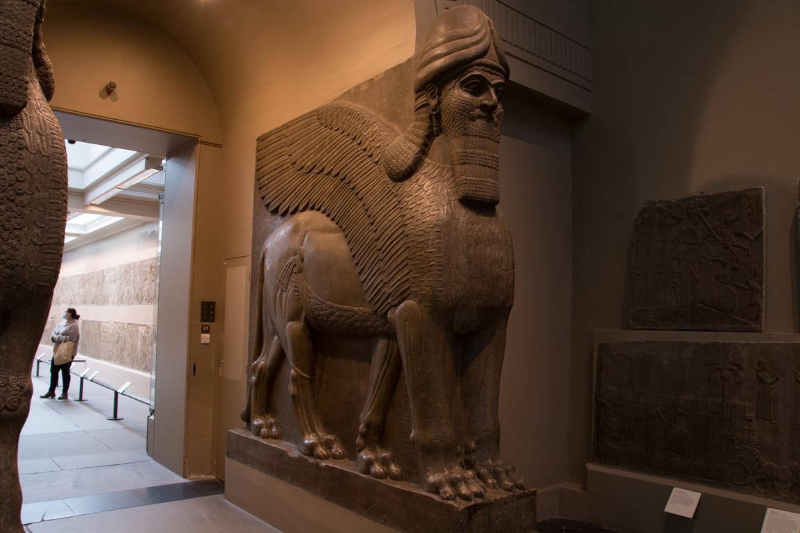 Assyrian winged bull lamassu sculpture at the British Museum, London