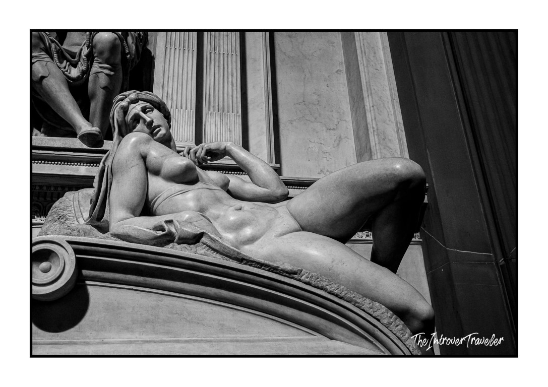 Close-up of Dawn by Michelangelo, reclining marble allegory on the Medici Tombs, Florence