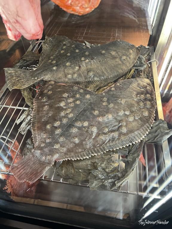 Fresh whole turbot on display at a Rimini seafood restaurant, showing the prized flatfish available at Trattoria Da Lucio
