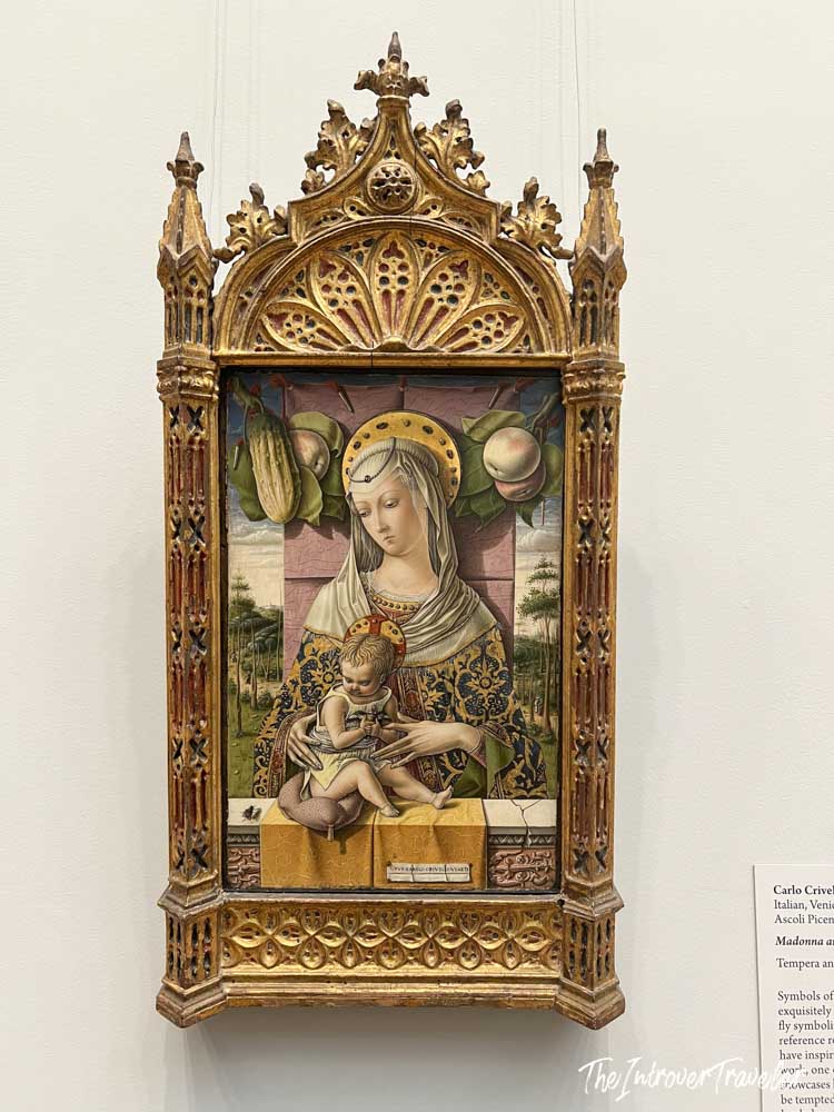 Madonna and Child by Carlo Crivelli, tempera painting in ornate gilded Gothic frame at the Met