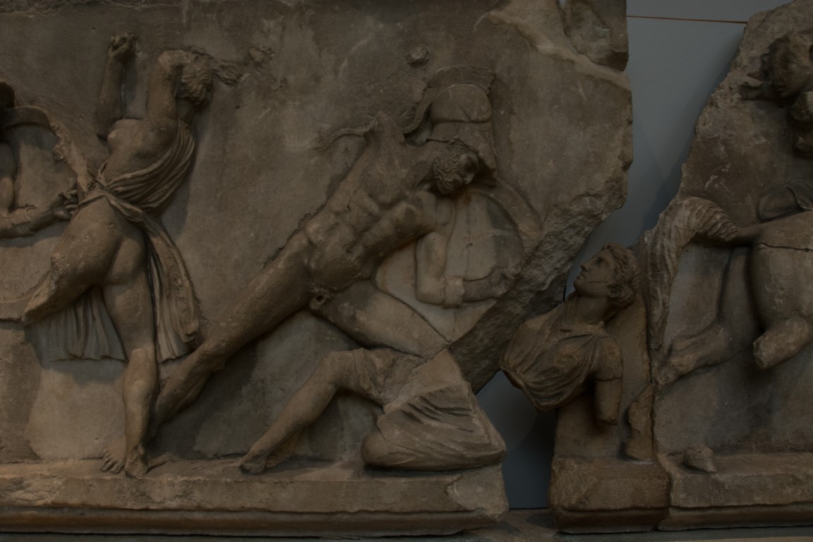 Elgin Marbles frieze detail showing Greeks and Centaurs battling, British Museum London