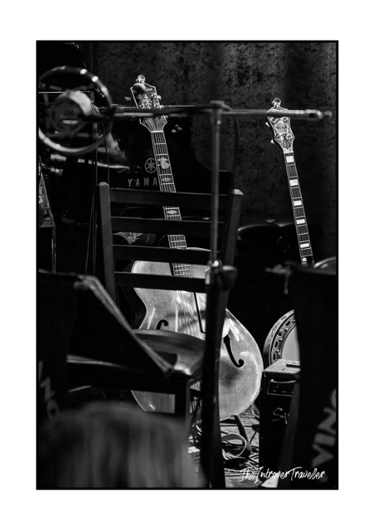 Vintage instruments on stage at Birdland Jazz Club, guitars and upright bass before a Vince Giordano show
