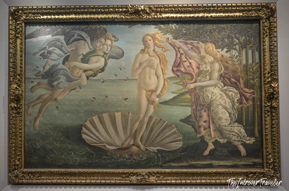 Botticelli's Birth of Venus on display at the Uffizi Gallery, Florence, in a gilded frame