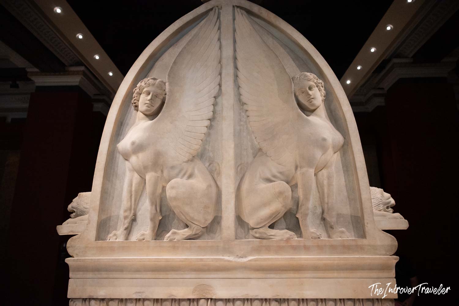 Two winged sphinx figures carved in marble on an ancient sarcophagus lid at the Istanbul Archaeological Museum