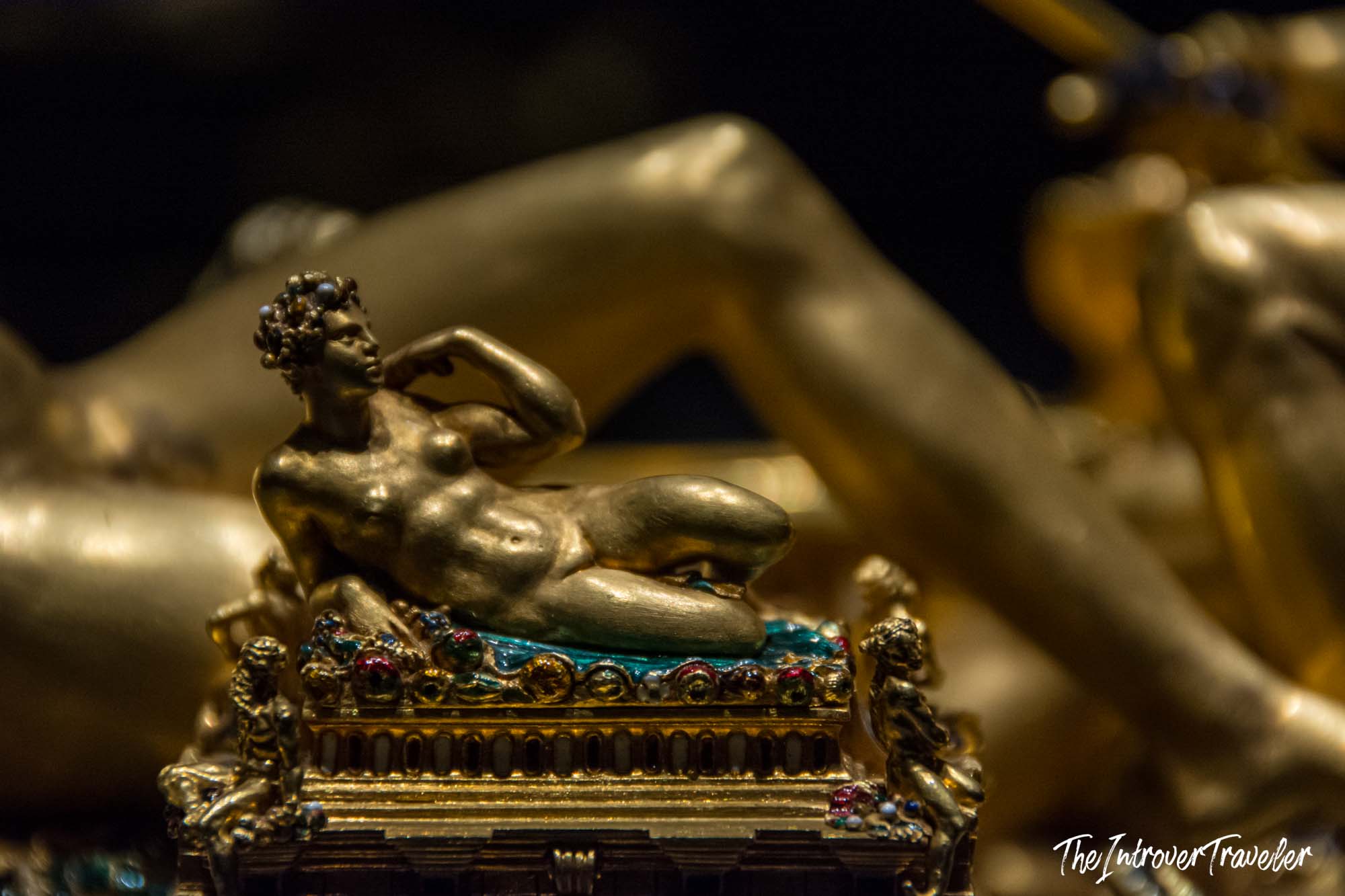Gold figurine of reclining nude on jeweled base, detail of Cellini's Salt Cellar of Francis I