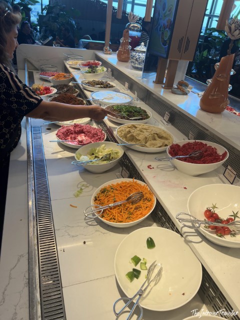 IGA Lounge Istanbul Airport mezze buffet spread with colorful salads and cold dishes