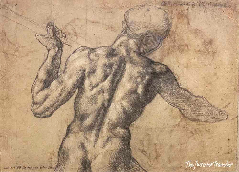 Michelangelo chalk drawing of muscular male figure from behind, Albertina Museum Vienna