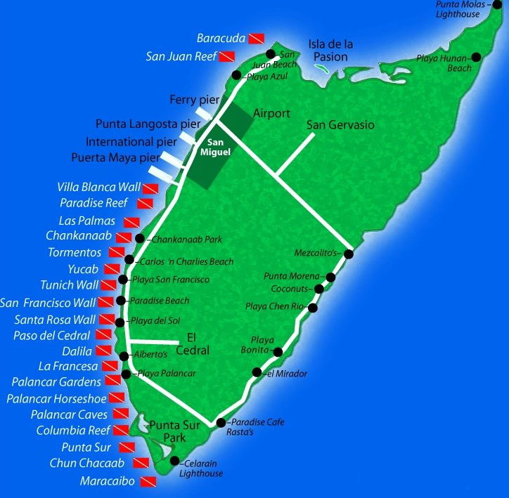 Map of Cozumel dive sites including Palancar Reef, Santa Rosa Wall, and Columbia Reef locations