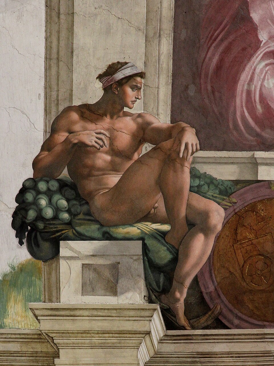 Ignudo figure by Michelangelo on the Sistine Chapel ceiling, showcasing Renaissance anatomy mastery