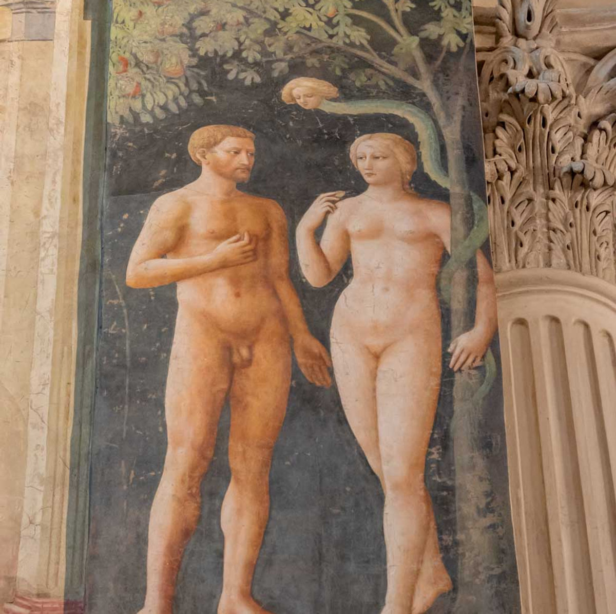 Masaccio's Temptation of Adam and Eve fresco in the Brancacci Chapel, Florence