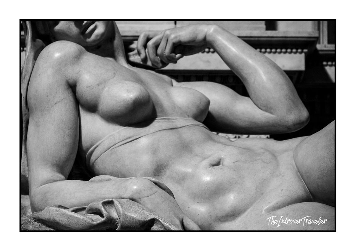 Close-up of Michelangelo's Night sculpture on the Medici Tombs, New Sacristy, Florence
