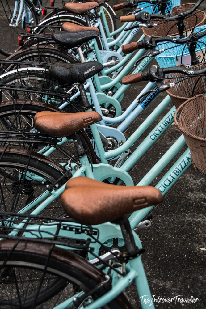 Cicli Bizza rental bikes with wicker baskets lined up in Lucca, Tuscany