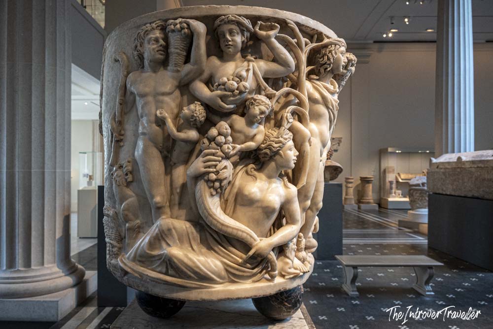 Large ancient Roman marble krater with Dionysiac relief figures, on display at the Metropolitan Museum of Art