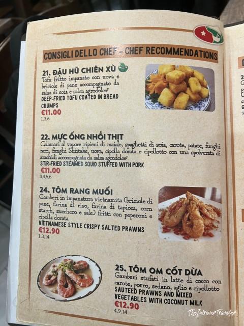 Menu page at Fratelli Vietnam in Bologna showing Vietnamese chef recommendations with Italian prices