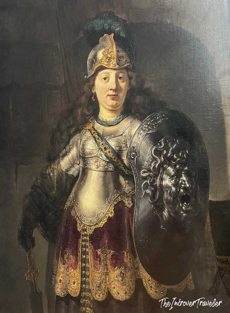 Bellona by Rembrandt, depicting the goddess of war in armor with Medusa shield, at the Metropolitan Museum
