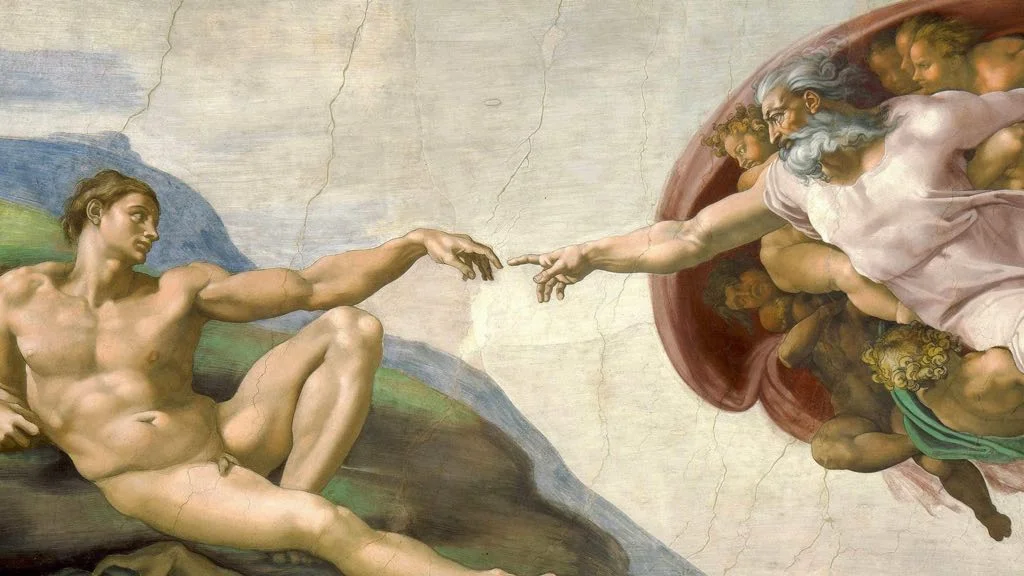 The Creation of Adam by Michelangelo, iconic Sistine Chapel ceiling fresco detail showing God and Adam's hands nearly touching