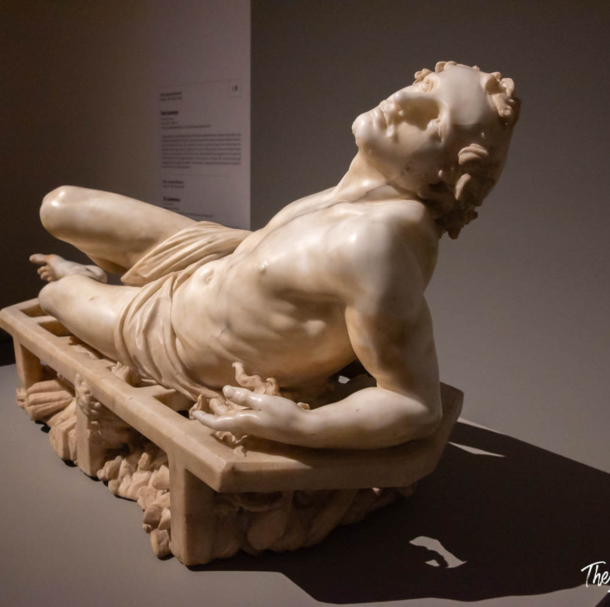 Marble sculpture of San Lorenzo by Bernini, reclining on a gridiron, at Palazzo Barberini