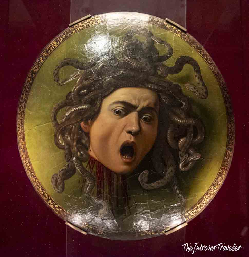 Medusa by Caravaggio, painted on a ceremonial shield, at the Uffizi Gallery Florence