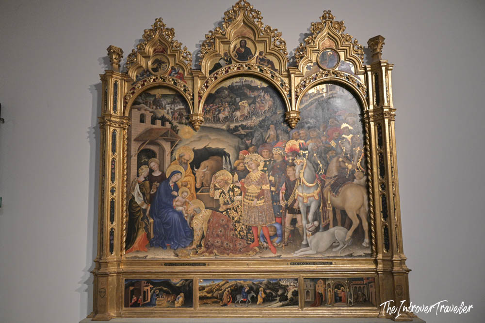 Adoration of the Magi by Gentile da Fabriano, gilded Gothic altarpiece at the Uffizi Gallery Florence