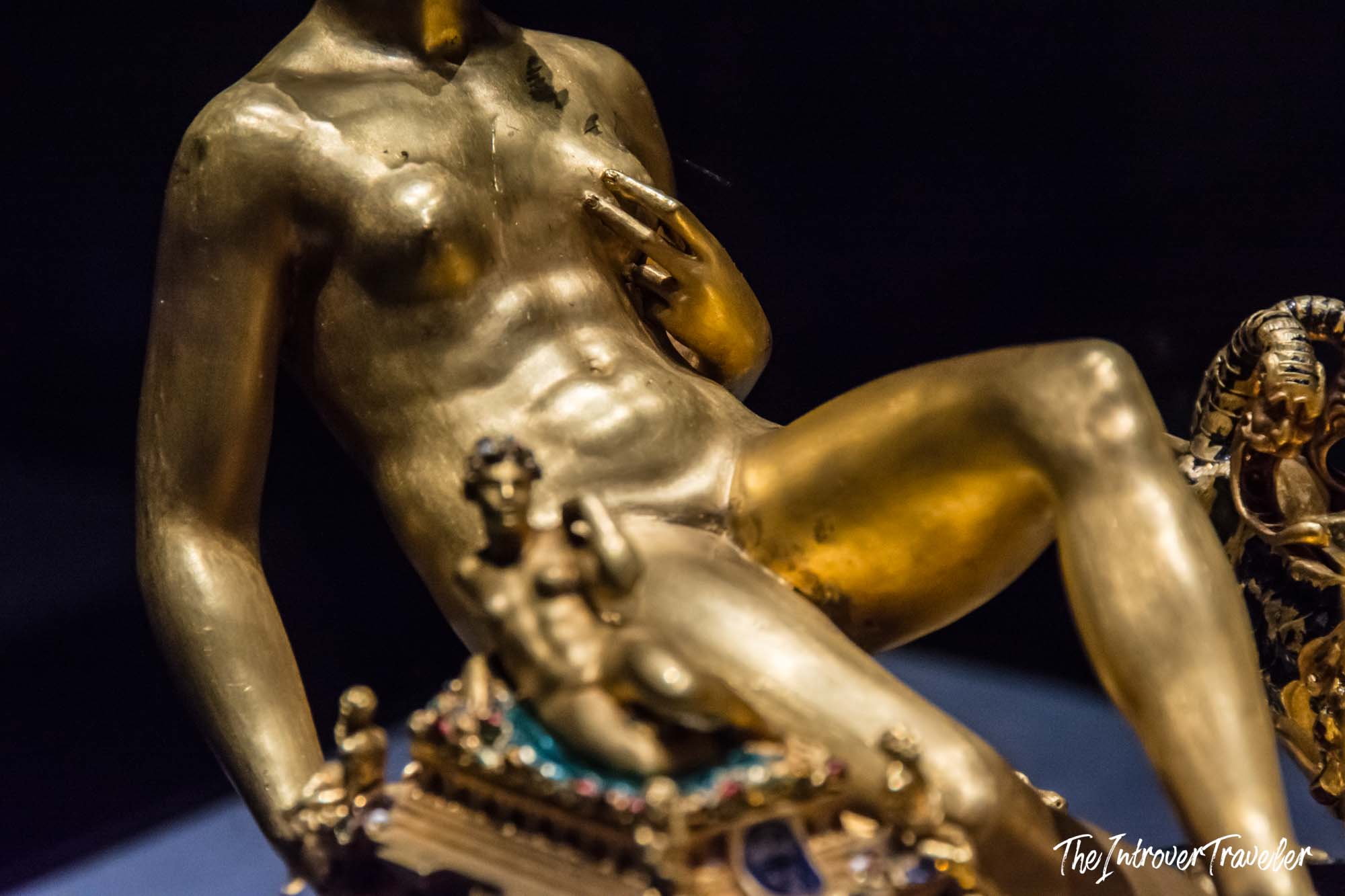 Close-up of the golden Neptune figure on Cellini's Salt Cellar of Francis I, Vienna