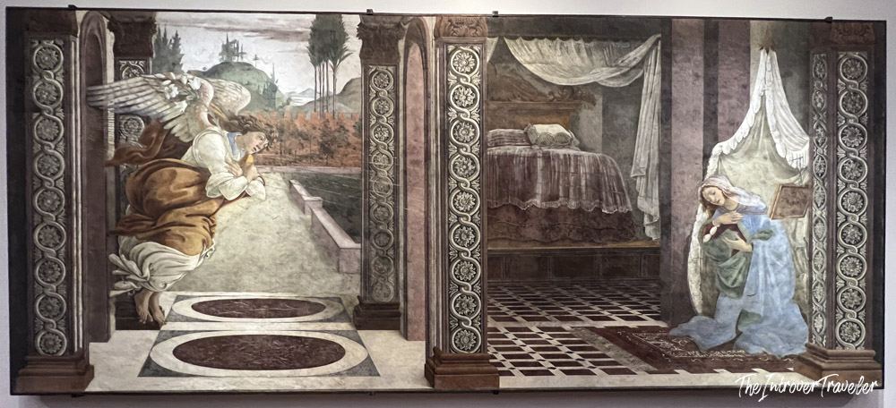 Annunciation by Botticelli, a Renaissance fresco masterpiece displayed at the Uffizi Gallery in Florence