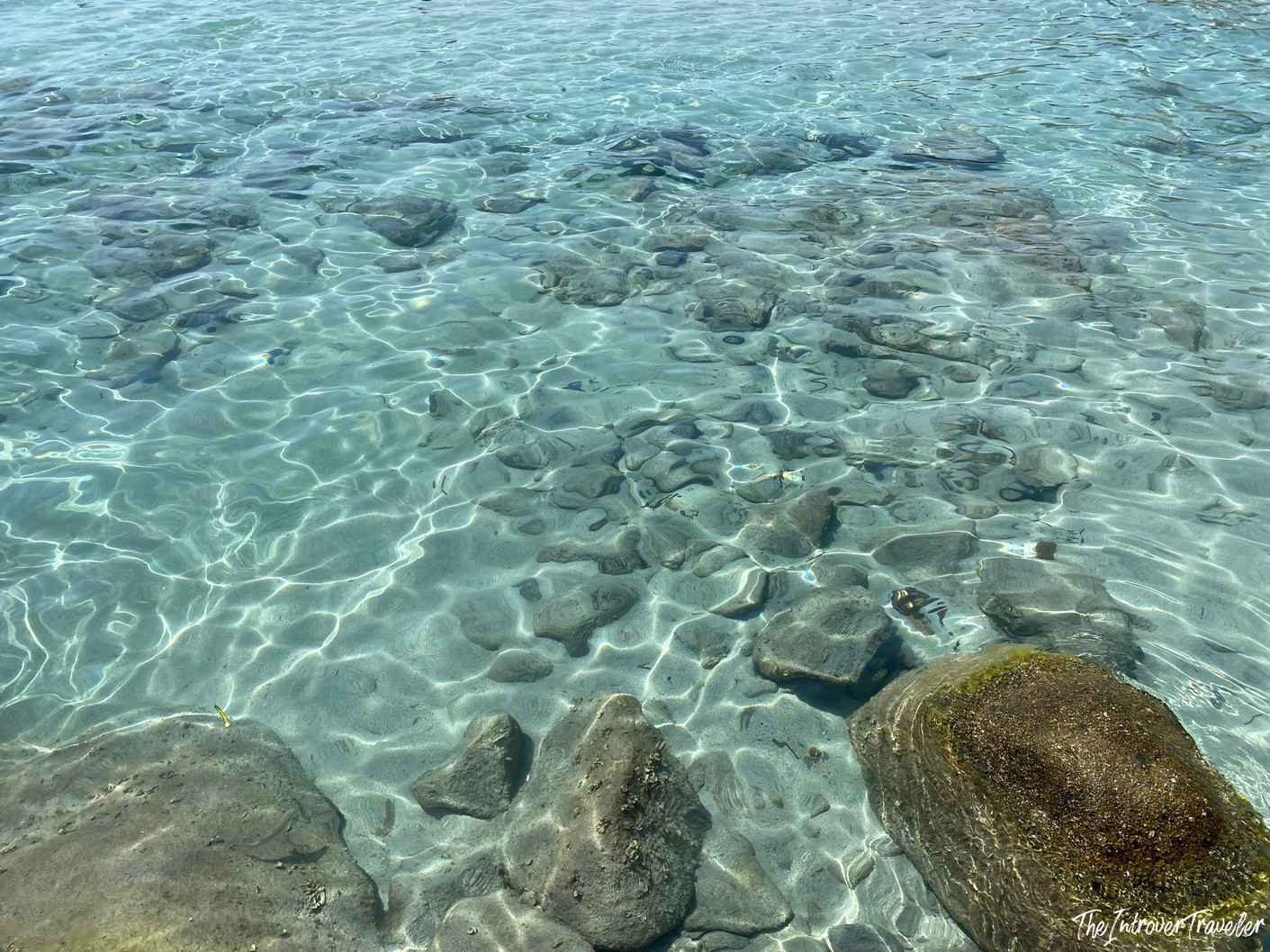Crystal-clear shallow water revealing rocky seabed at a south Sardinia beach