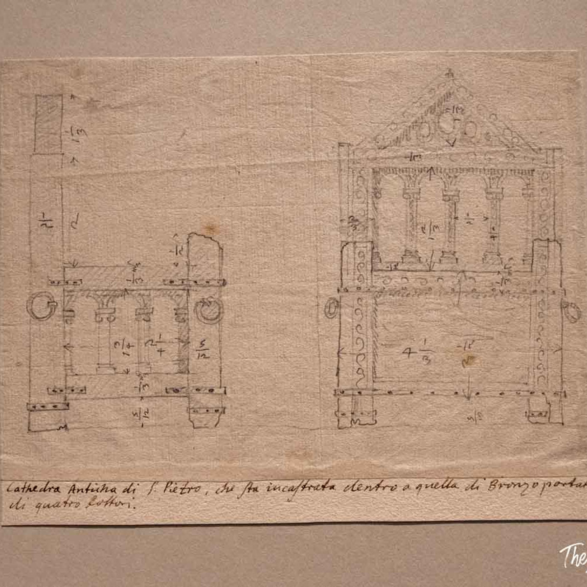 Historic sketch of the Cathedra Petri design by Bernini, with handwritten Italian notes and measurements