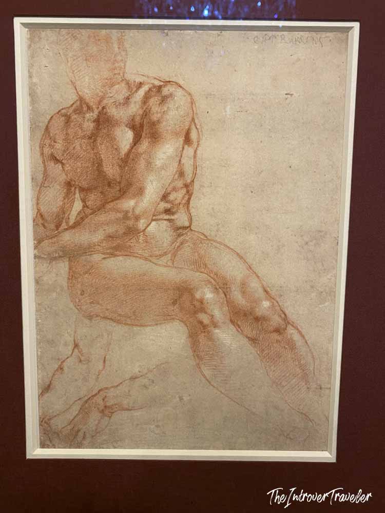 Red chalk figure study drawing on display at the Albertina Museum Vienna
