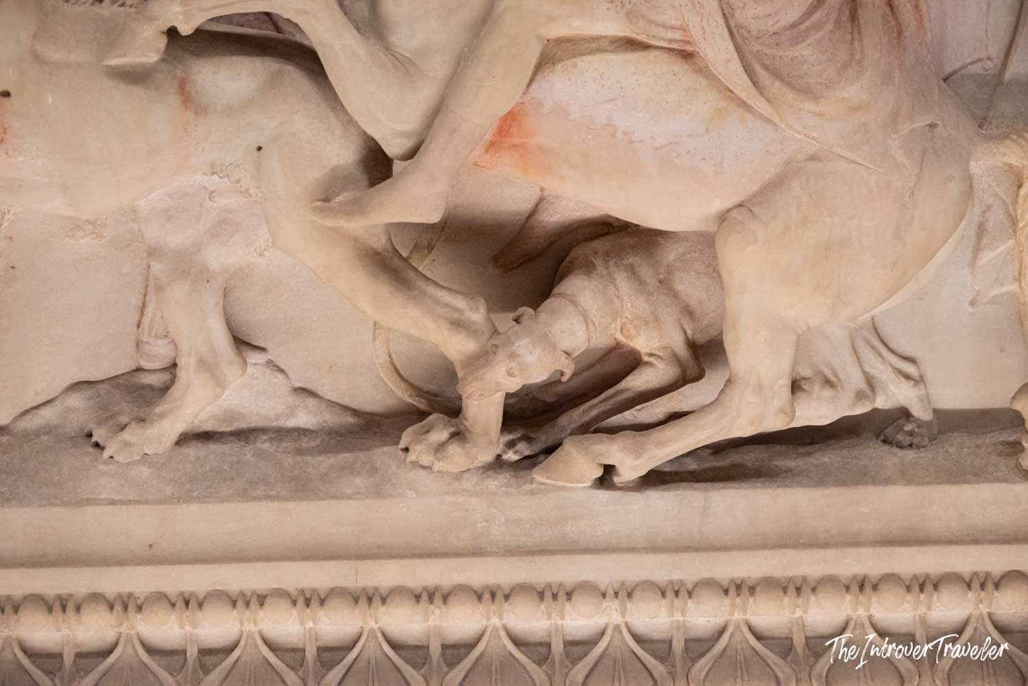 Close-up of carved hunting dogs on an ancient marble sarcophagus, Istanbul Archaeological Museum