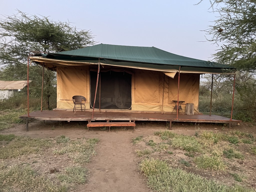 Tented safari camp with wooden deck and acacia trees in the Tanzanian savanna