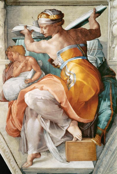 Libyan Sibyl fresco by Michelangelo on the Sistine Chapel ceiling, showing dynamic torsion and vivid drapery