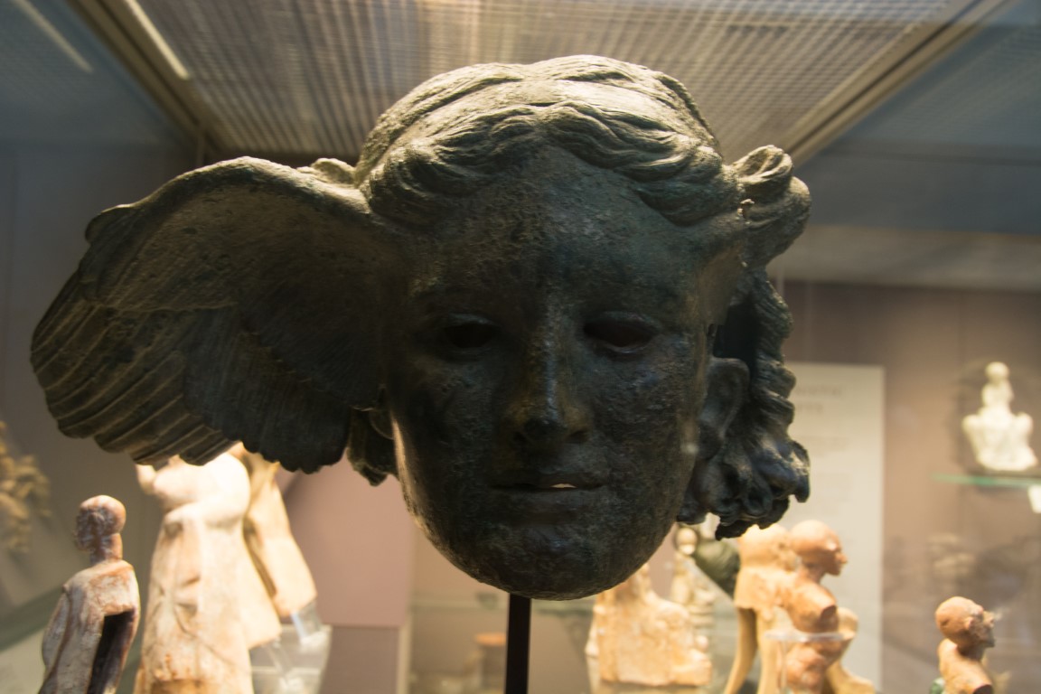 Bronze winged head of Hypnos, ancient Greek sculpture on display at the British Museum London