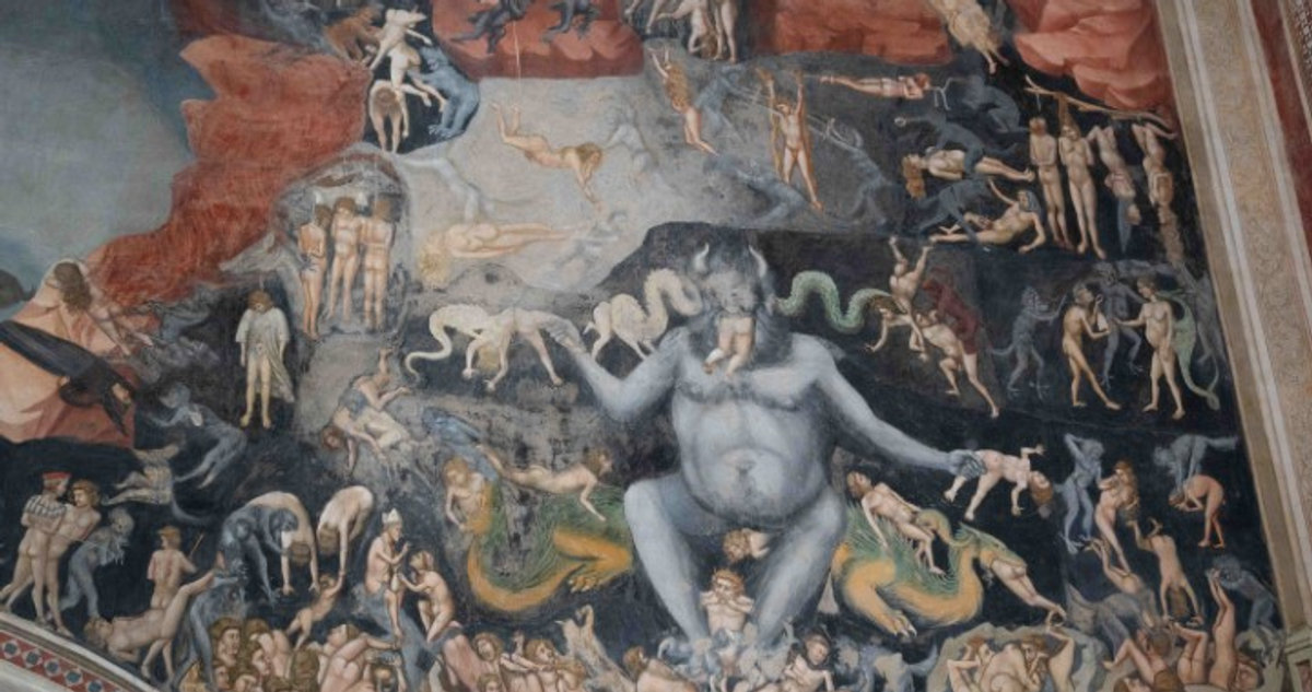 Detail of Giotto's Last Judgment fresco in the Scrovegni Chapel, showing Satan devouring sinners in Hell