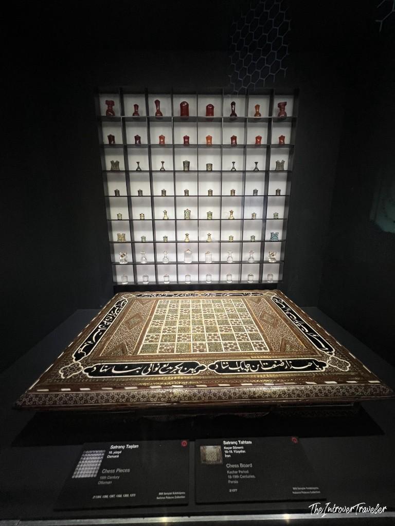 Qajar Period chess board and Ottoman chess pieces on display at Topkapi Palace, Istanbul