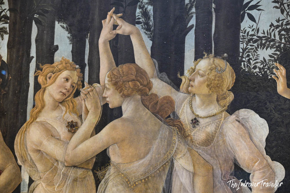 Close-up of the Three Graces in Botticelli's Primavera, a highlight of the Uffizi Gallery Florence